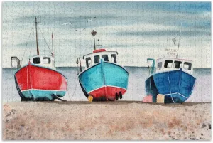 Colorful Fishing Boats Puzzles for Adults 500 Pieces, Poster and Letter on The Back of Jigsaw Puzzles,Educational Family Game Gift, Sandy Seashore