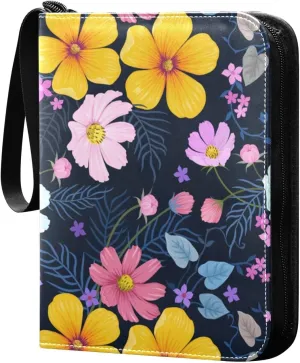 Colorful-flowers-pattern 400 pockets Game Card Binder with Removable Sleeves Trading Card PU Waterproof Sturdy Protectors Holder Collectible Album for Sports Card Collection Storage