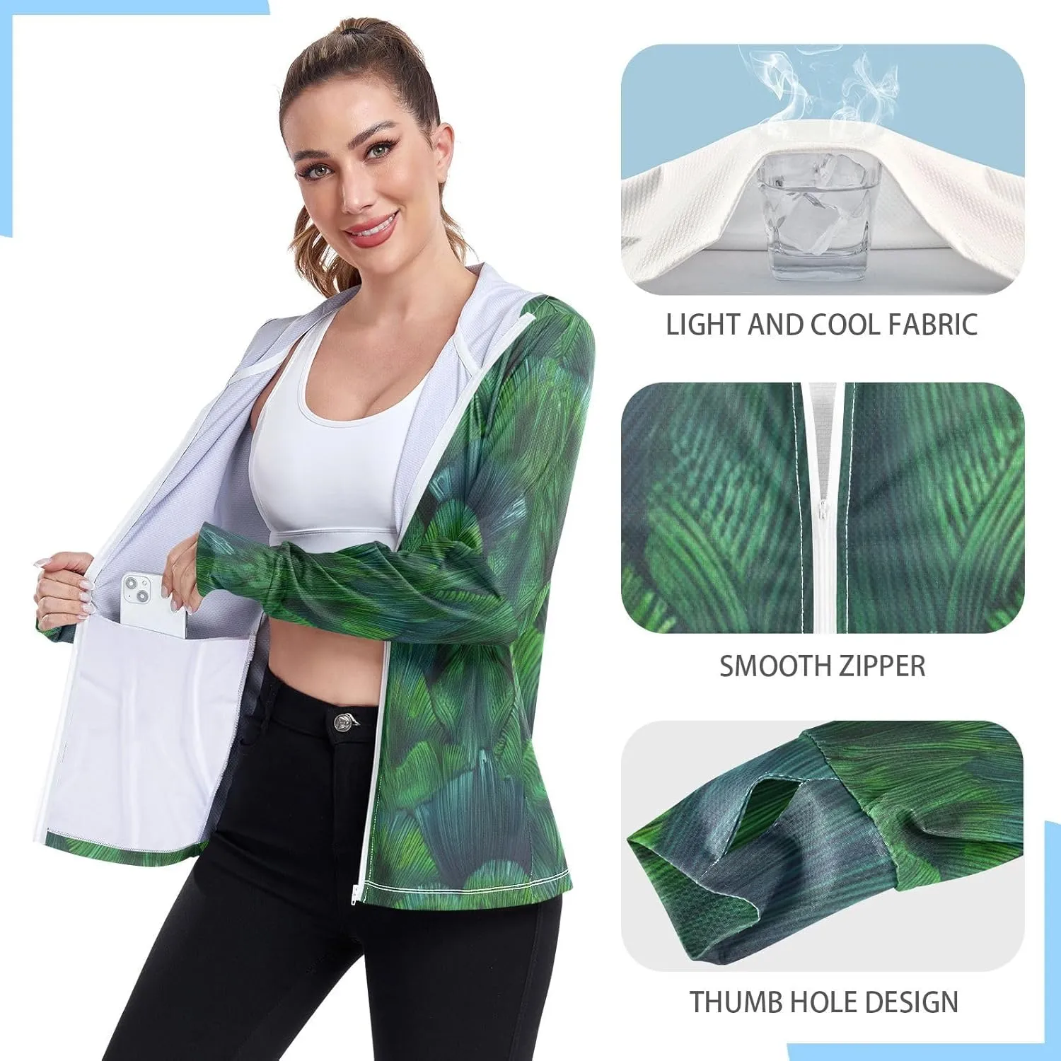Colorful Green Sun Shirt Women, Upf 50  Zip up Womens Fishing Shirts Long Sleeve
