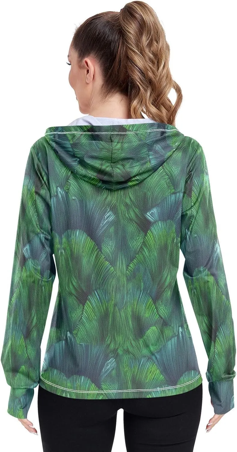 Colorful Green Sun Shirt Women, Upf 50  Zip up Womens Fishing Shirts Long Sleeve