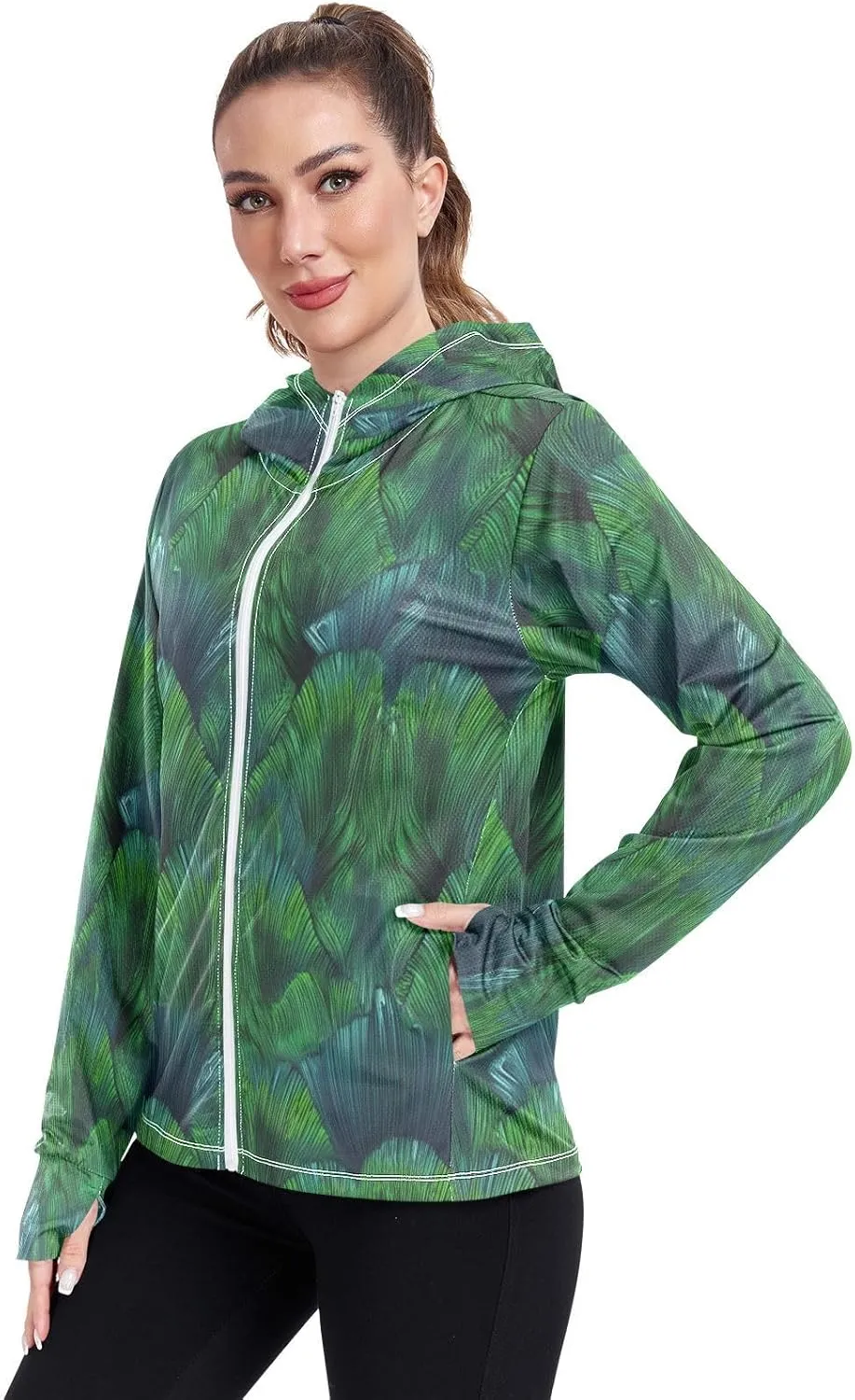 Colorful Green Sun Shirt Women, Upf 50  Zip up Womens Fishing Shirts Long Sleeve