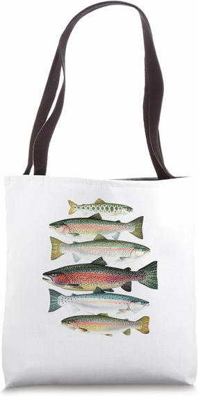 Colorful Fish in a row trout fly fishing fisherman core Tote Bag