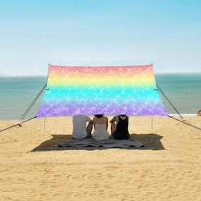 Colorful Fish Scales Beach Canopy Tent Anti-UV & Wind Resistant, Rainbow Background Camping Sun Shelter Easy Setup Portable,Outdoor Shade Tents with Sandbags,Sand Shovels,Ground Pegs & Stabilit