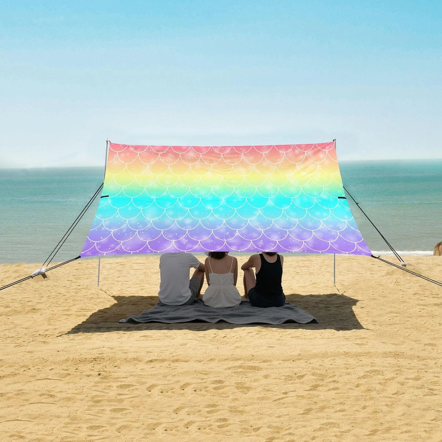 Colorful Fish Scales Beach Canopy Tent Anti-UV & Wind Resistant, Rainbow Background Camping Sun Shelter Easy Setup Portable,Outdoor Shade Tents with Sandbags,Sand Shovels,Ground Pegs & Stabilit