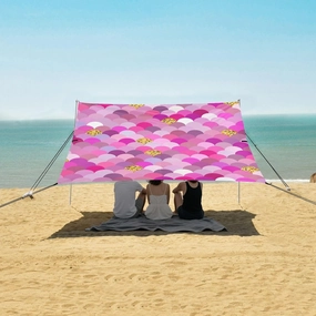 Colorful Geometric Mermaid Scale Beach Canopy Tent Anti-UV & Wind Resistant, Fantasy Glitter Sparkles Camping Sun Shelter Easy Setup Portable,Outdoor Shade Tents with Sandbags,Sand Shovels,Groun