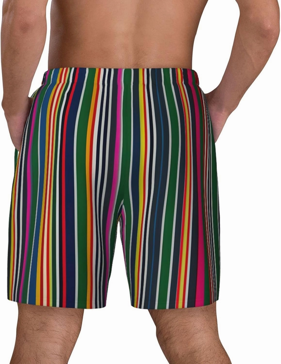 Colorful Stripes Print Men's Double Layer Swim Shorts, Gym Workout Shorts with Pocket