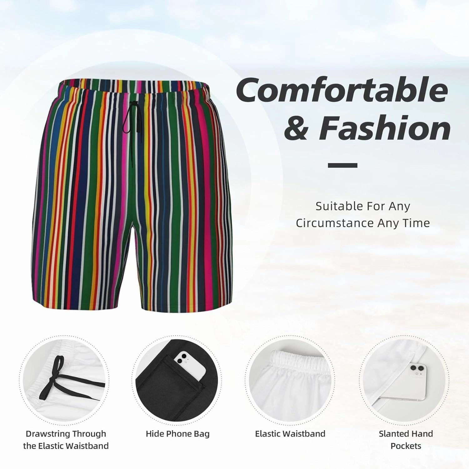 Colorful Stripes Print Men's Double Layer Swim Shorts, Gym Workout Shorts with Pocket