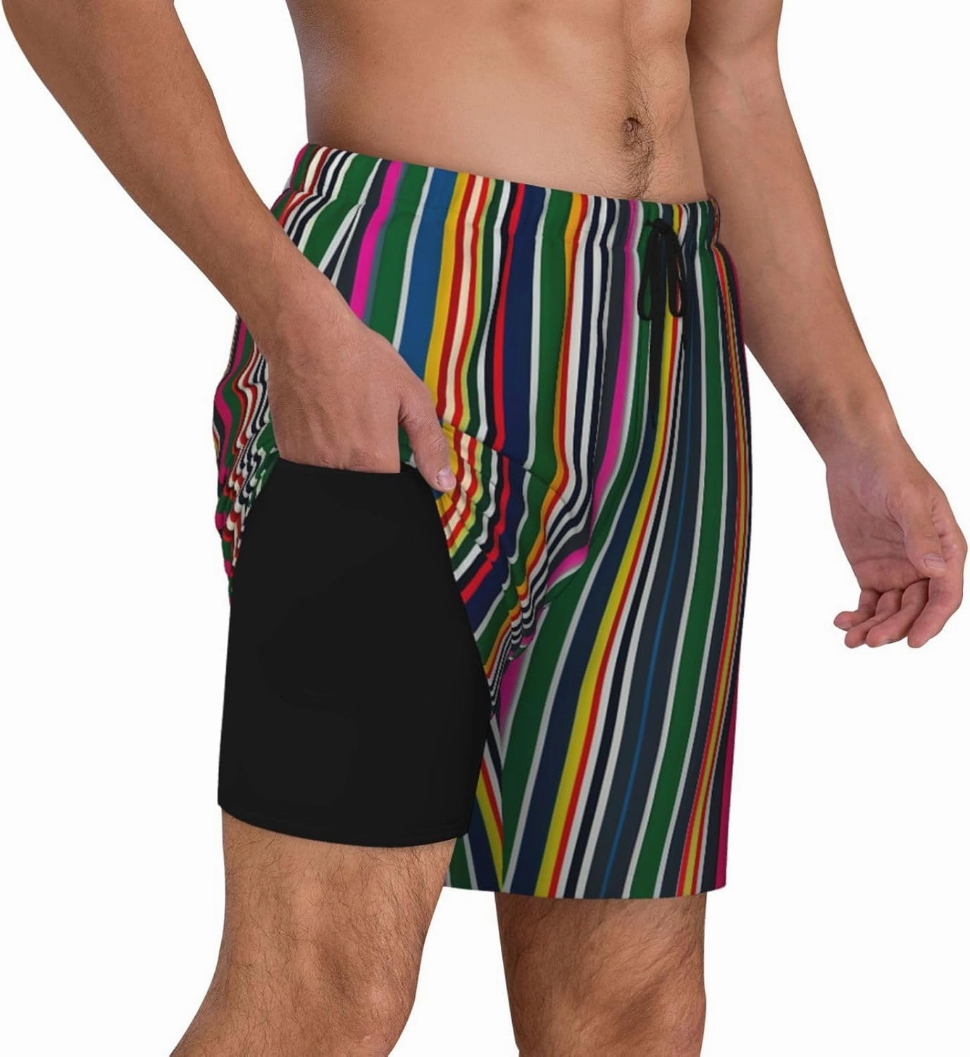 Colorful Stripes Print Men's Double Layer Swim Shorts, Gym Workout Shorts with Pocket