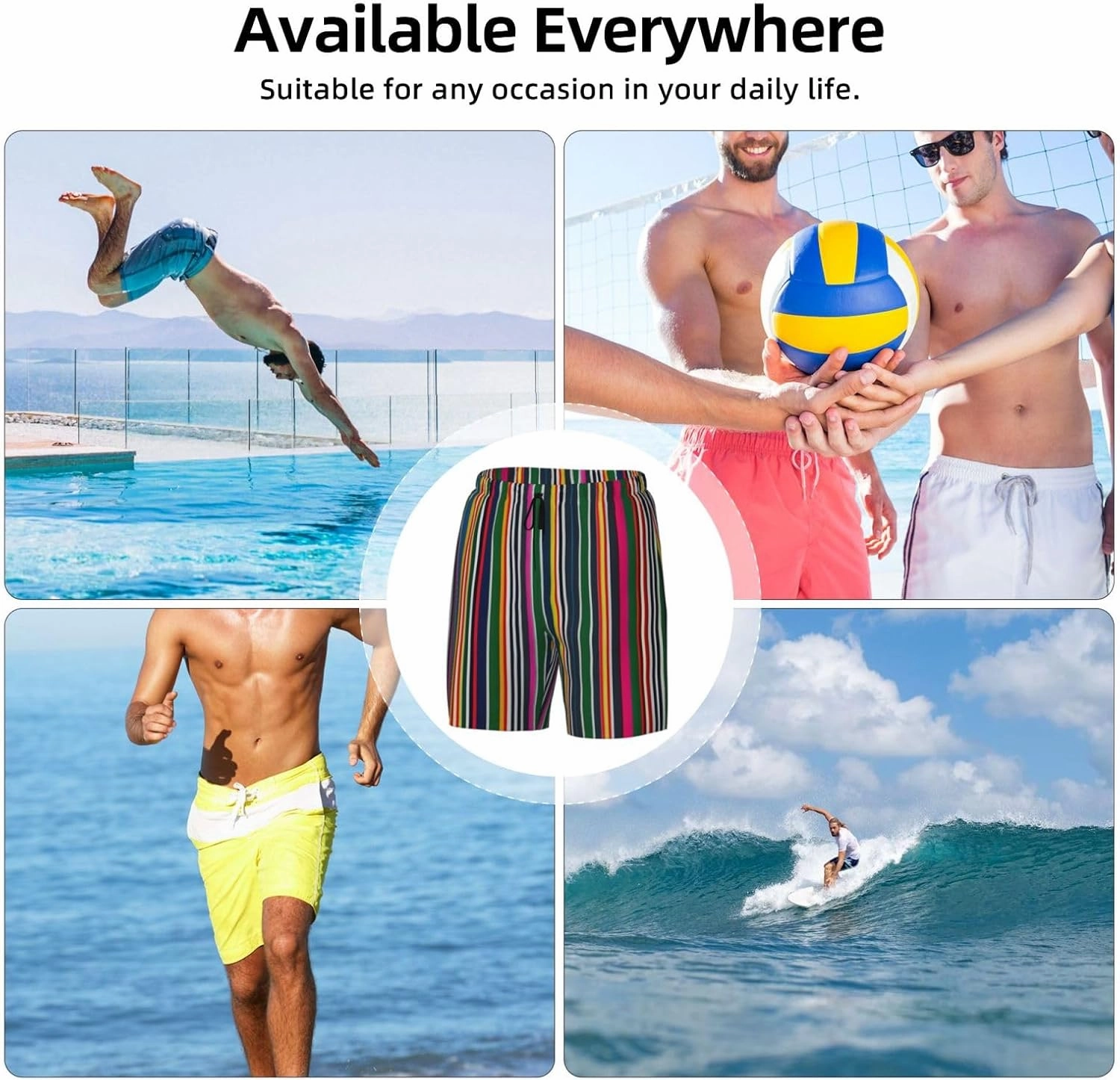 Colorful Stripes Print Men's Double Layer Swim Shorts, Gym Workout Shorts with Pocket