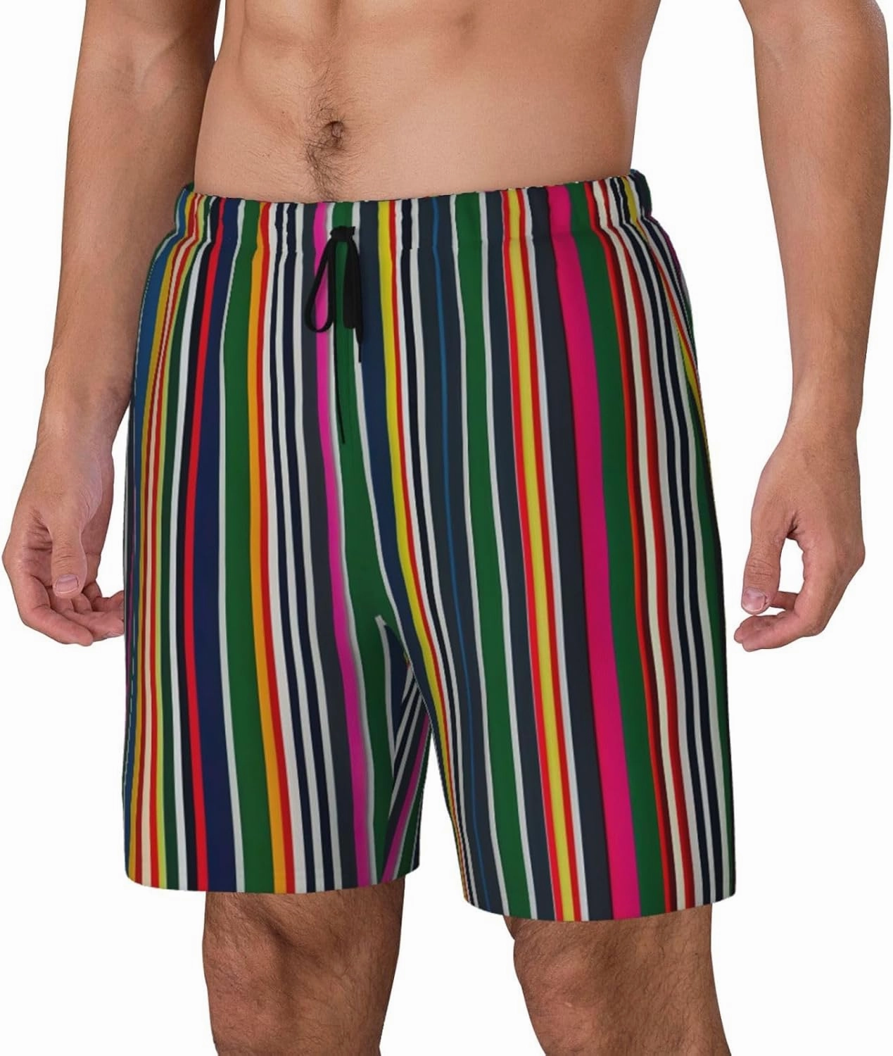 Colorful Stripes Print Men's Double Layer Swim Shorts, Gym Workout Shorts with Pocket
