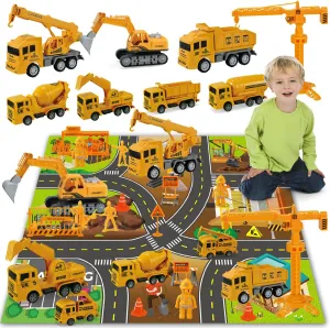 Construction Vehicle Toy Truck w/Play Mat Road Signs, Dump Trucks, Excavator, Cement Mixer Trucks, Crane, Engineering Vehicles Toys Set for 3 4 5 6 Years Old Toddlers Kids Boys & Girls
