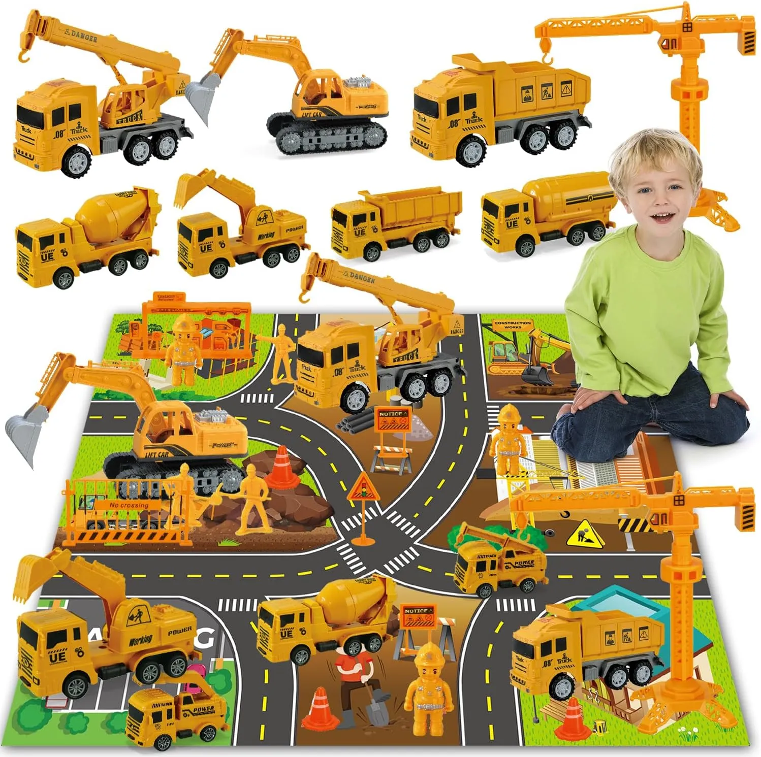 Construction Vehicle Toy Truck w/Play Mat Road Signs, Dump Trucks, Excavator, Cement Mixer Trucks, Crane, Engineering Vehicles Toys Set for 3 4 5 6 Years Old Toddlers Kids Boys & Girls