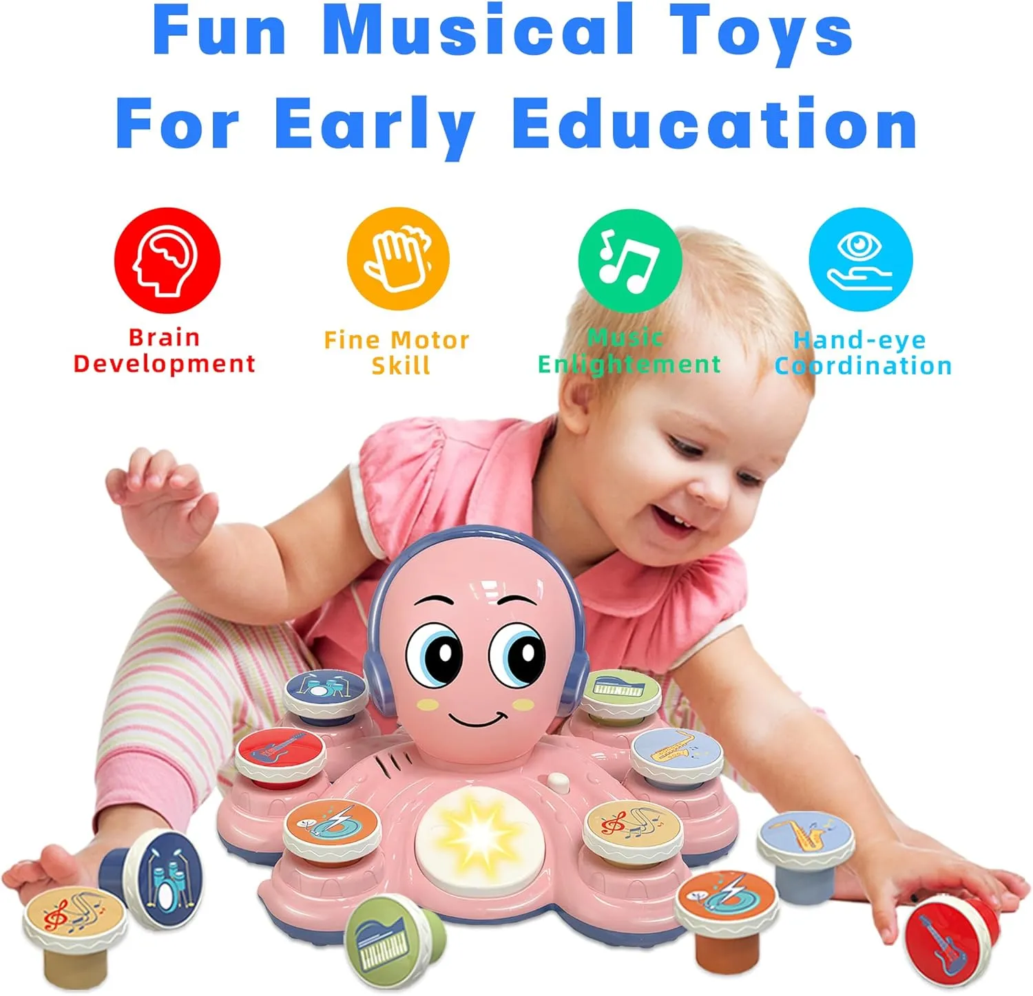 Contixo Baby Musical Toys - KD3 Learning Toys for Toddlers, Octopus Toys for Kids, Preschooler Musical Educational Instruments Toy for Baby, Toy Drum for Toddlers, Pink