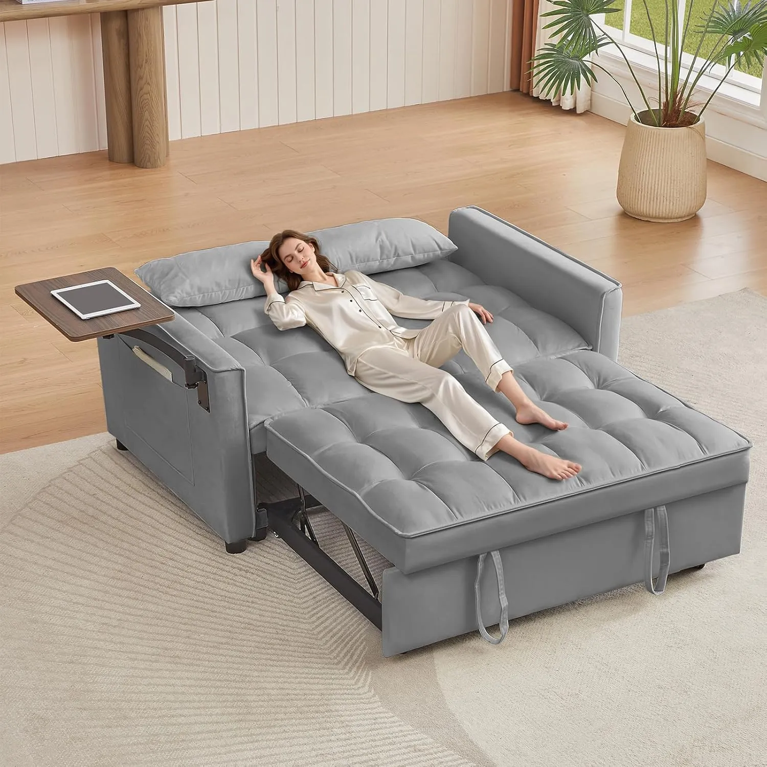 Convertible Sofa Bed, Sleeper Sofa with Side Pocket, Adjustable Backrest, Living Room Sofa with Small Table Board, Pull Out Couch, Adjustable 3 in 1 Loveseat(Velvet, Gray)