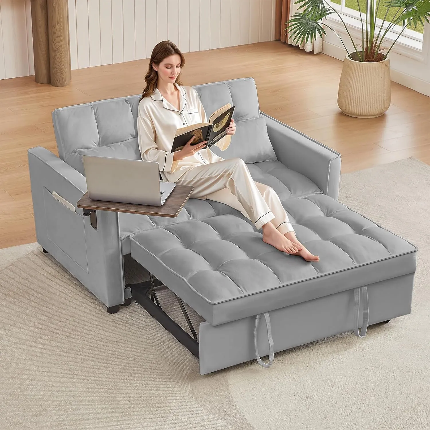 Convertible Sofa Bed, Sleeper Sofa with Side Pocket, Adjustable Backrest, Living Room Sofa with Small Table Board, Pull Out Couch, Adjustable 3 in 1 Loveseat(Velvet, Gray)
