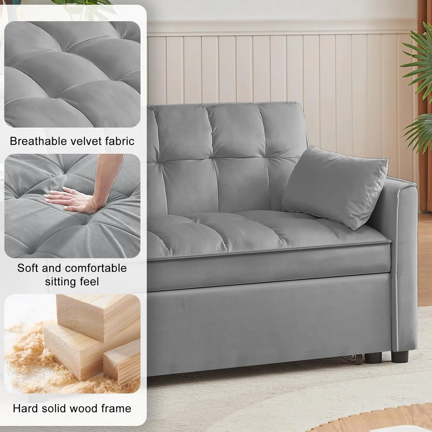 Convertible Sofa Bed, Sleeper Sofa with Side Pocket, Adjustable Backrest, Living Room Sofa with Small Table Board, Pull Out Couch, Adjustable 3 in 1 Loveseat(Velvet, Gray)