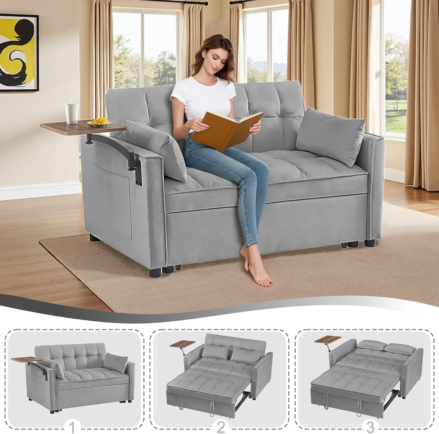 Convertible Sofa Bed, Sleeper Sofa with Side Pocket, Adjustable Backrest, Living Room Sofa with Small Table Board, Pull Out Couch, Adjustable 3 in 1 Loveseat(Velvet, Gray)