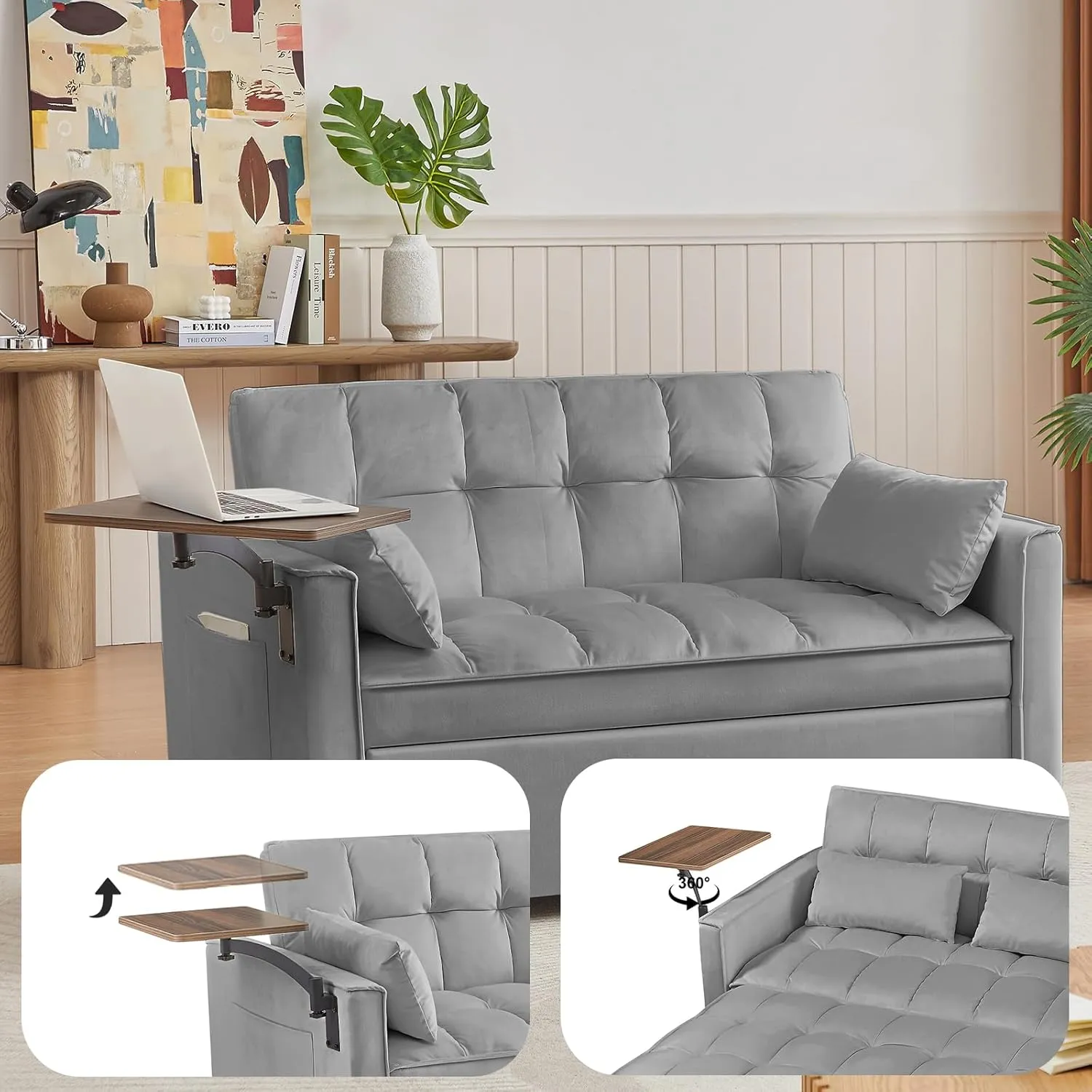 Convertible Sofa Bed, Sleeper Sofa with Side Pocket, Adjustable Backrest, Living Room Sofa with Small Table Board, Pull Out Couch, Adjustable 3 in 1 Loveseat(Velvet, Gray)