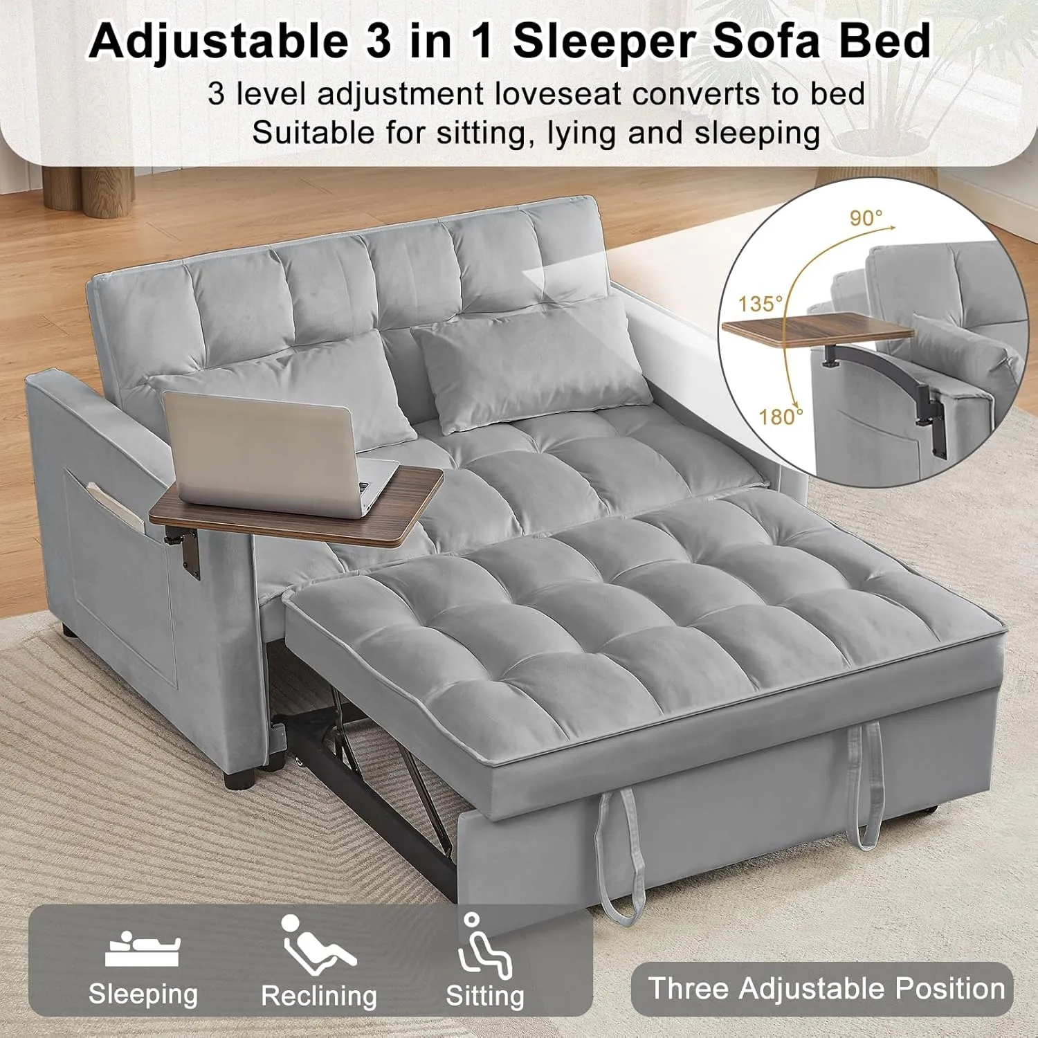 Convertible Sofa Bed, Sleeper Sofa with Side Pocket, Adjustable Backrest, Living Room Sofa with Small Table Board, Pull Out Couch, Adjustable 3 in 1 Loveseat(Velvet, Gray)