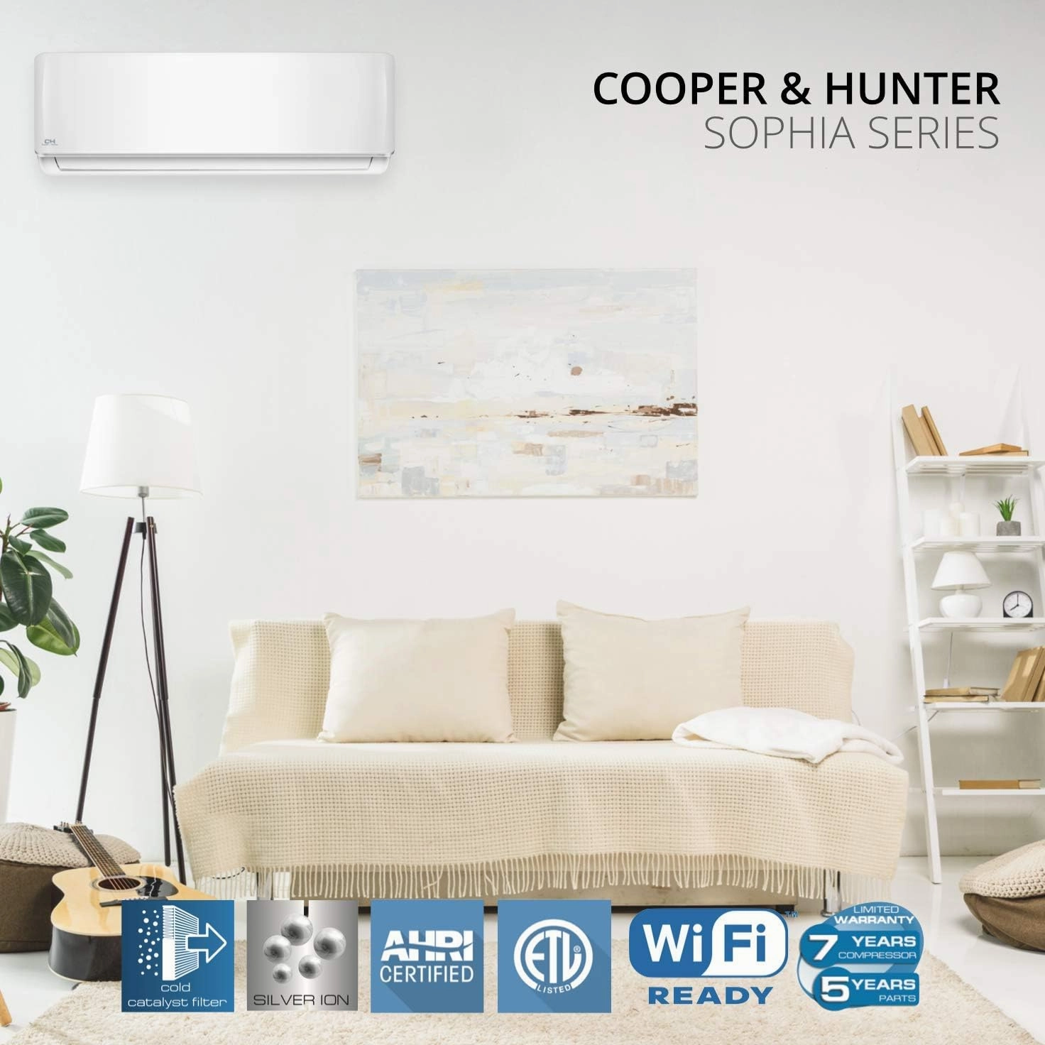 Cooper & Hunter 9,000 BTU, 115V, 25 SEER, Mini Split AC/Heating system Sophia Series with 16ft Installation Kit
