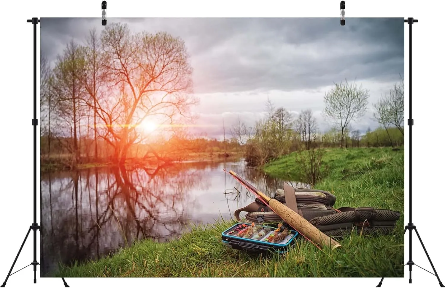 CORFOTO 12x8ft Fabric Lakeside Fishing Backdrop Forest Lake Fisherman Gear Green Trees River Fishing Background Fishing Theme Party Decor Gone Fishing Background Photoshoot Props