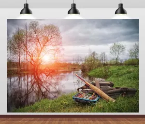 CORFOTO 12x8ft Fabric Lakeside Fishing Backdrop Forest Lake Fisherman Gear Green Trees River Fishing Background Fishing Theme Party Decor Gone Fishing Background Photoshoot Props