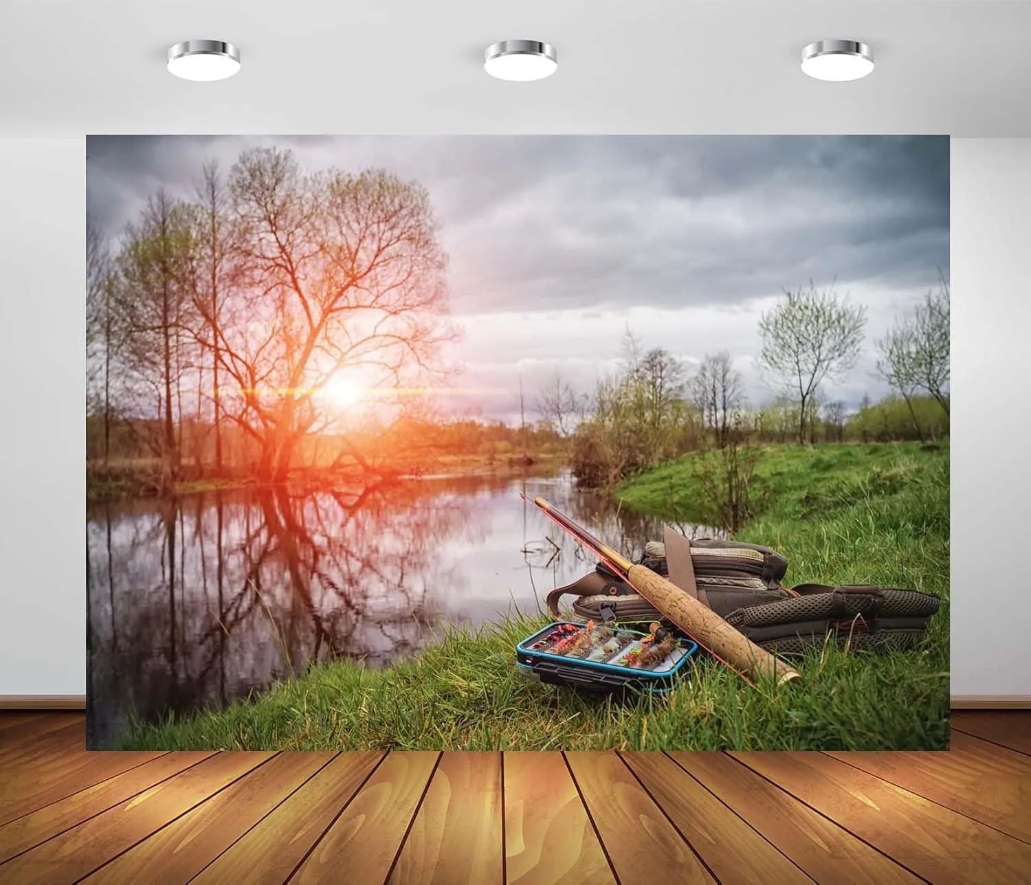 CORFOTO 12x8ft Fabric Lakeside Fishing Backdrop Forest Lake Fisherman Gear Green Trees River Fishing Background Fishing Theme Party Decor Gone Fishing Background Photoshoot Props