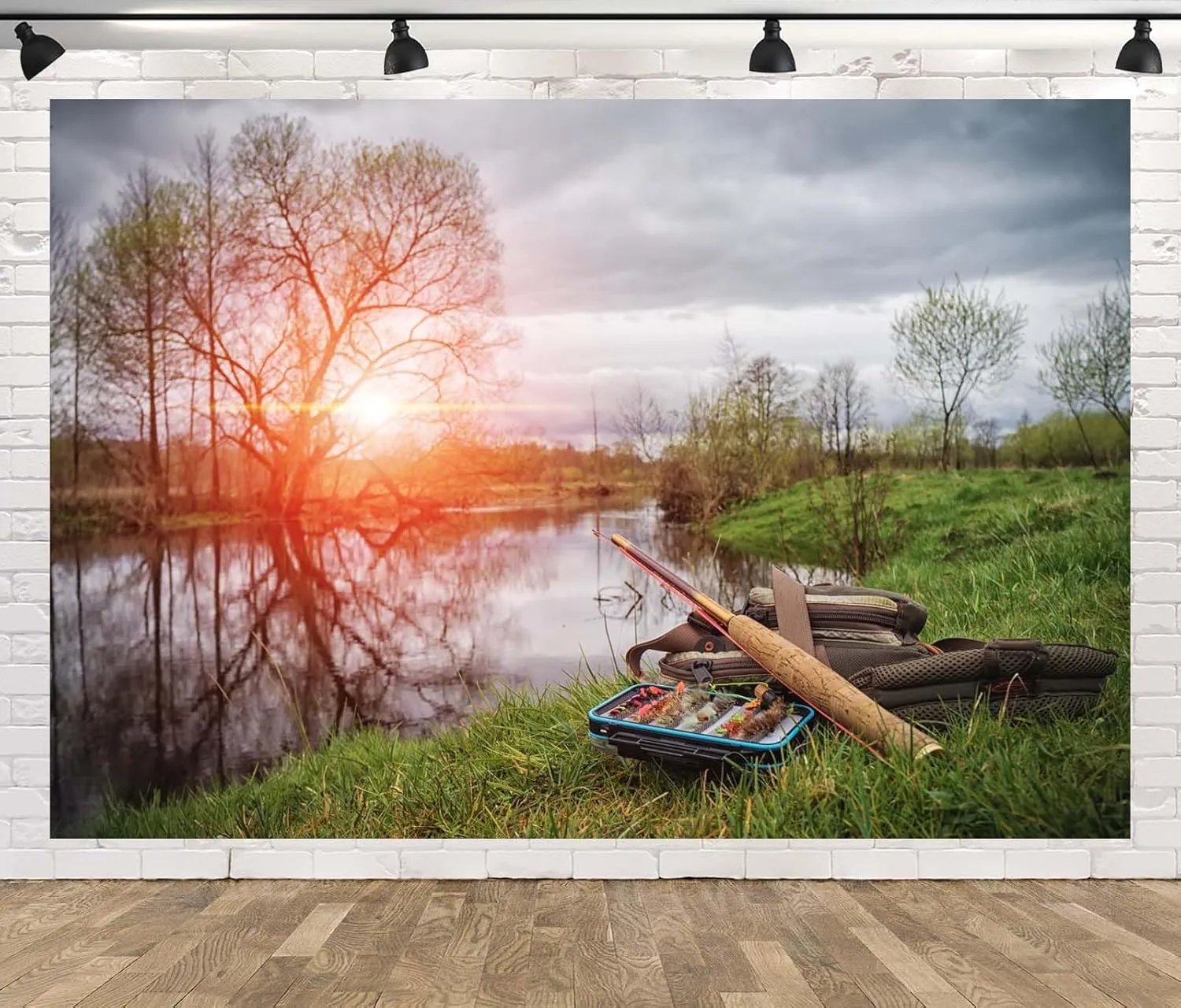 CORFOTO 12x8ft Fabric Lakeside Fishing Backdrop Forest Lake Fisherman Gear Green Trees River Fishing Background Fishing Theme Party Decor Gone Fishing Background Photoshoot Props