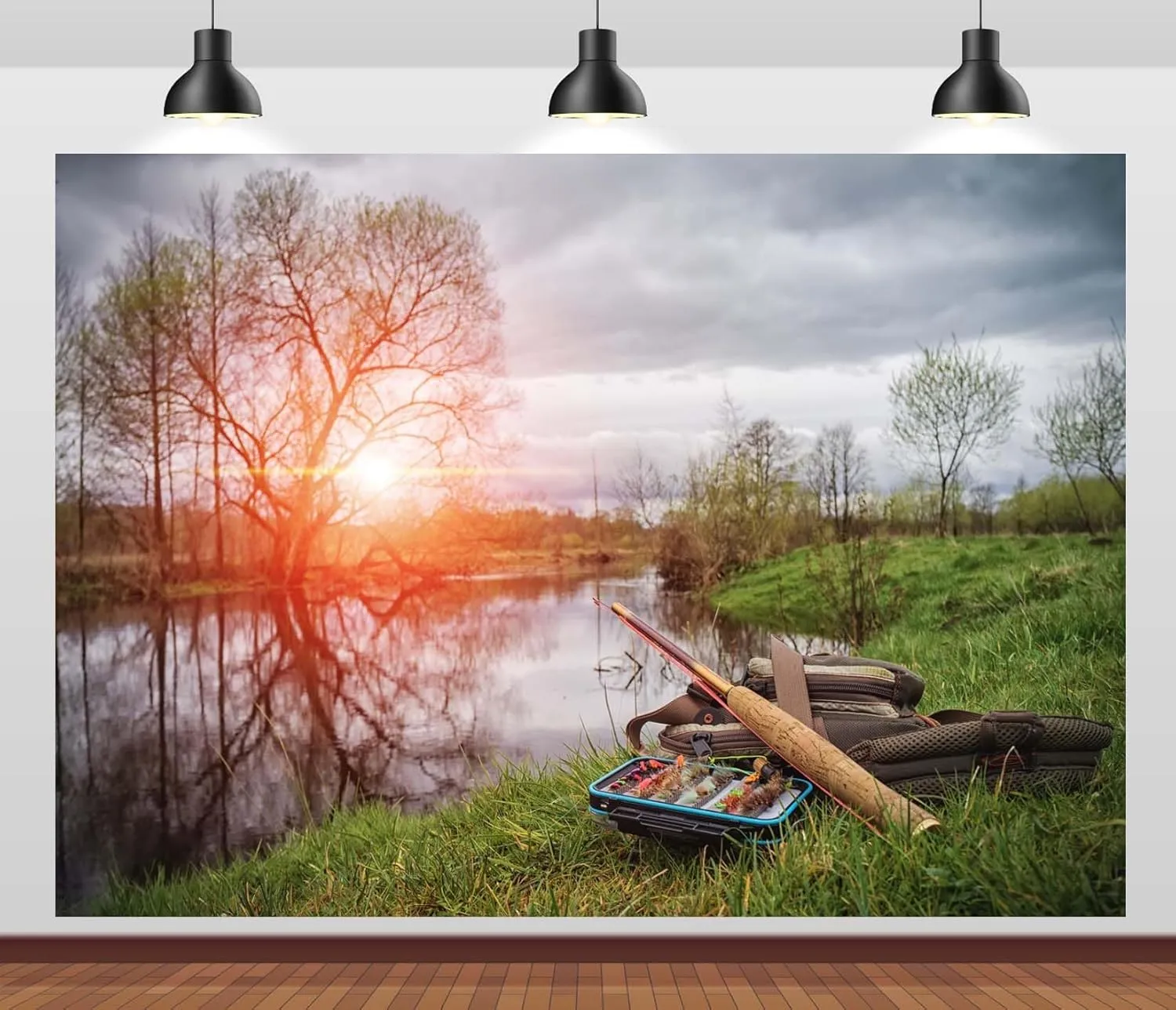 CORFOTO 12x8ft Fabric Lakeside Fishing Backdrop Forest Lake Fisherman Gear Green Trees River Fishing Background Fishing Theme Party Decor Gone Fishing Background Photoshoot Props