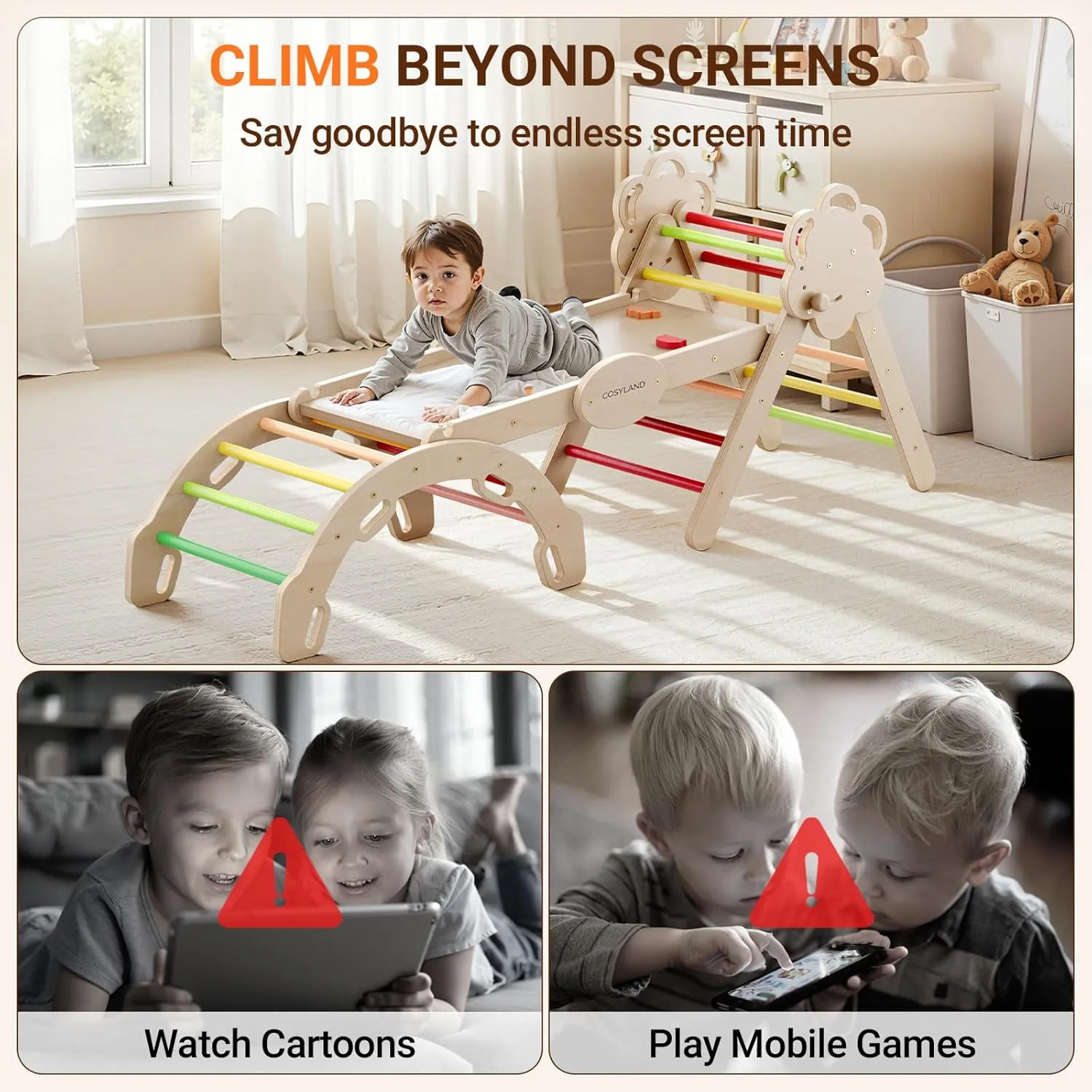 COSYLAND Pikler Triangle Set 8 in 1 - Adjustable 3-Level Montessori Climbing Toys for Toddlers 18M-6Y, Foldable Wooden Indoor Jungle Gym & Playground with Train Toy & Gift Box, Warm Tones