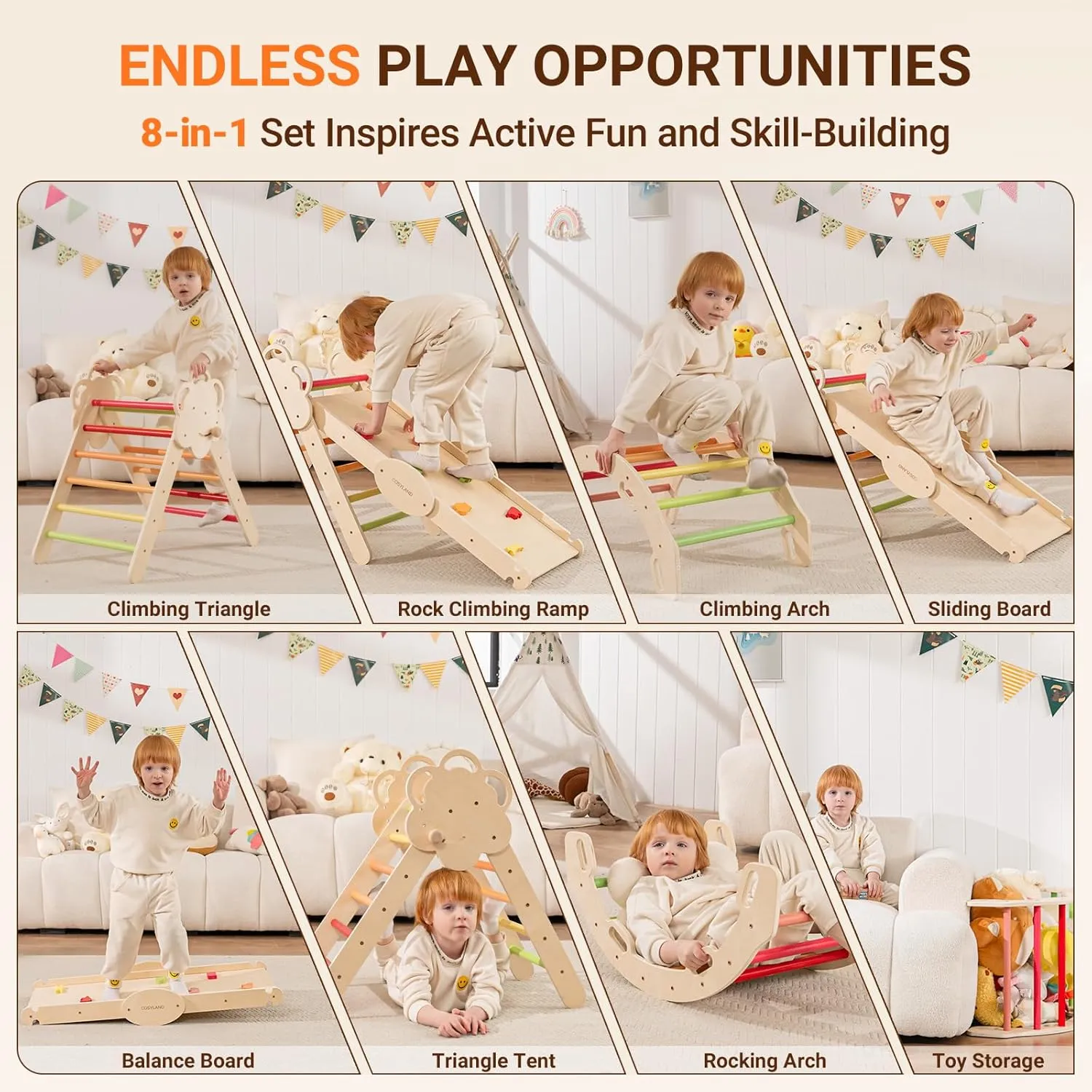 COSYLAND Pikler Triangle Set 8 in 1 - Adjustable 3-Level Montessori Climbing Toys for Toddlers 18M-6Y, Foldable Wooden Indoor Jungle Gym & Playground with Train Toy & Gift Box, Warm Tones