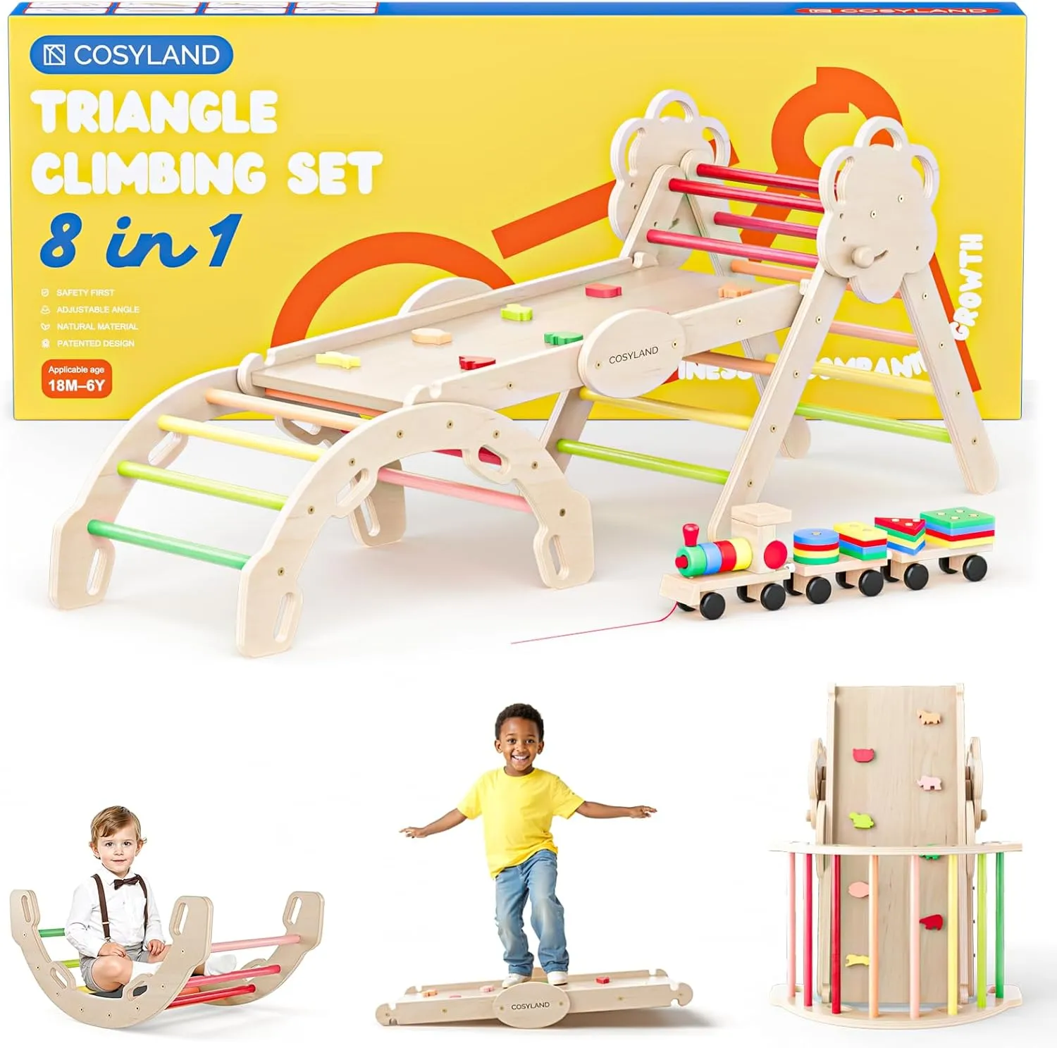 COSYLAND Pikler Triangle Set 8 in 1 - Adjustable 3-Level Montessori Climbing Toys for Toddlers 18M-6Y, Foldable Wooden Indoor Jungle Gym & Playground with Train Toy & Gift Box, Warm Tones