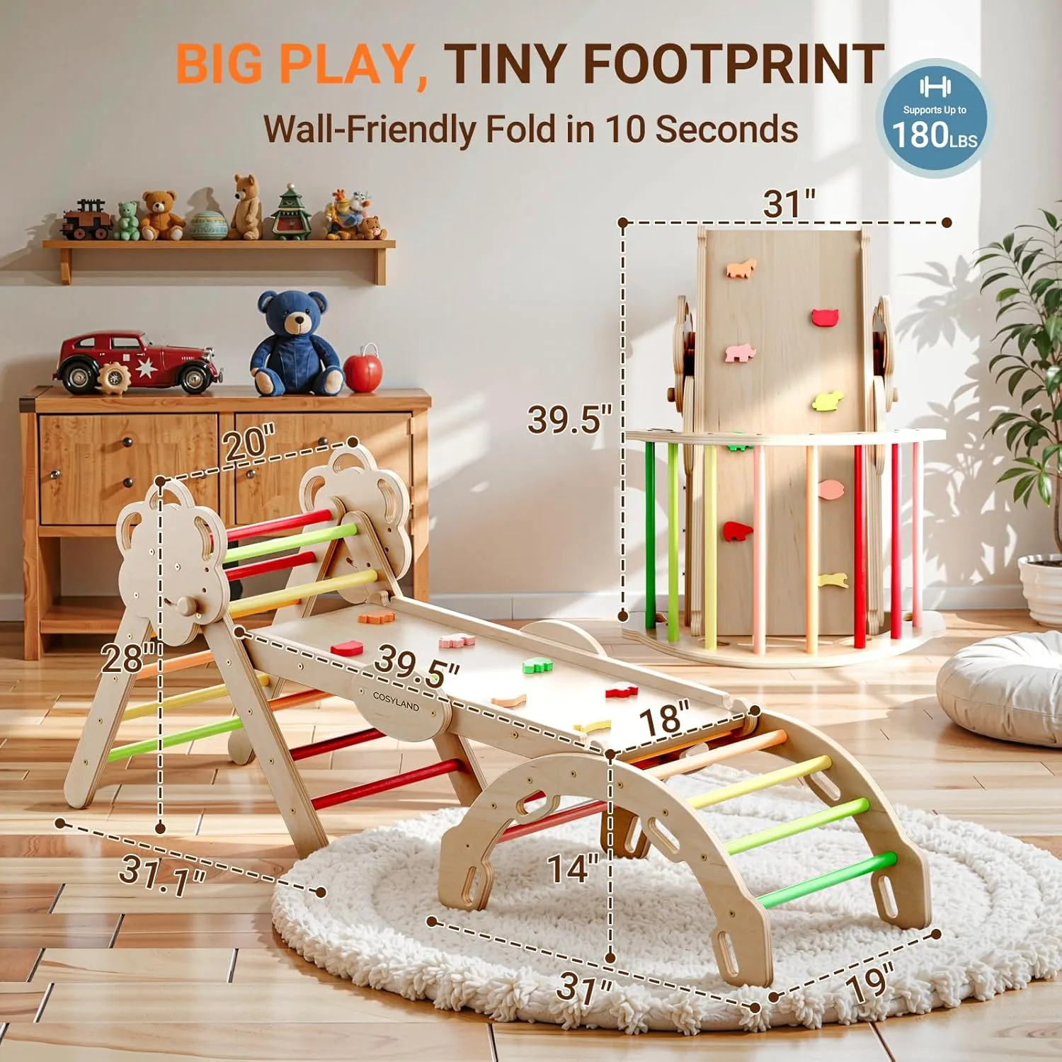 COSYLAND Pikler Triangle Set 8 in 1 - Adjustable 3-Level Montessori Climbing Toys for Toddlers 18M-6Y, Foldable Wooden Indoor Jungle Gym & Playground with Train Toy & Gift Box, Warm Tones
