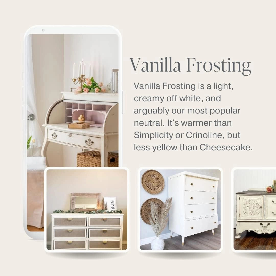 Country Chic All-in-One Chalk Paint for Furniture, Cabinets, Home Decor, Eco-Friendly, Matte Finish, Built-In Primer & Top Coat for Wood, Metal - Vanilla Frosting (Off White) - Pint 16 oz (475 ml)