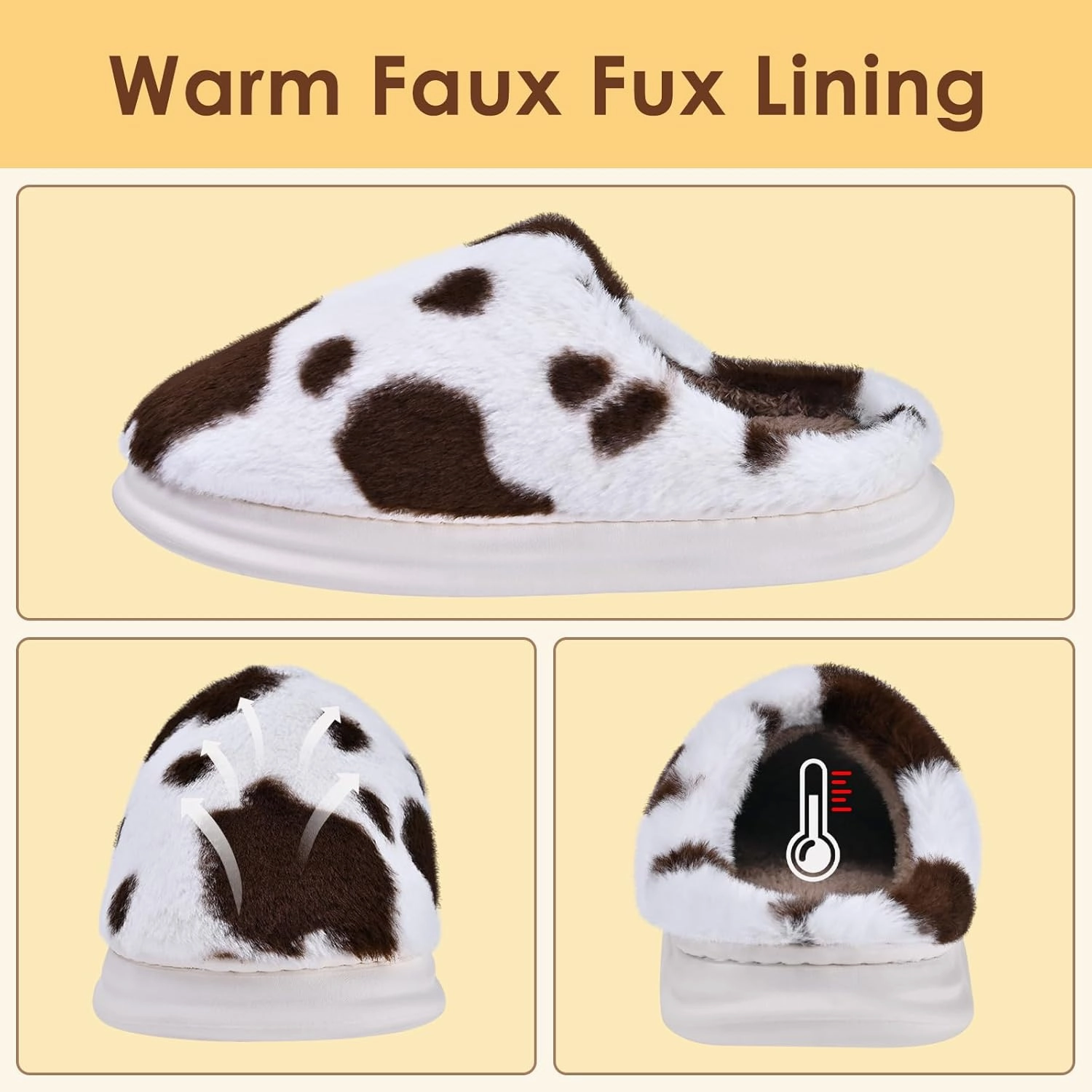 Cow Print Fuzzy Plush Slippers for Women Men, Non-Slip Fluffy Winter House Shoes, Indoor Soft Warm Faux Fur Lining Bedroom Slides