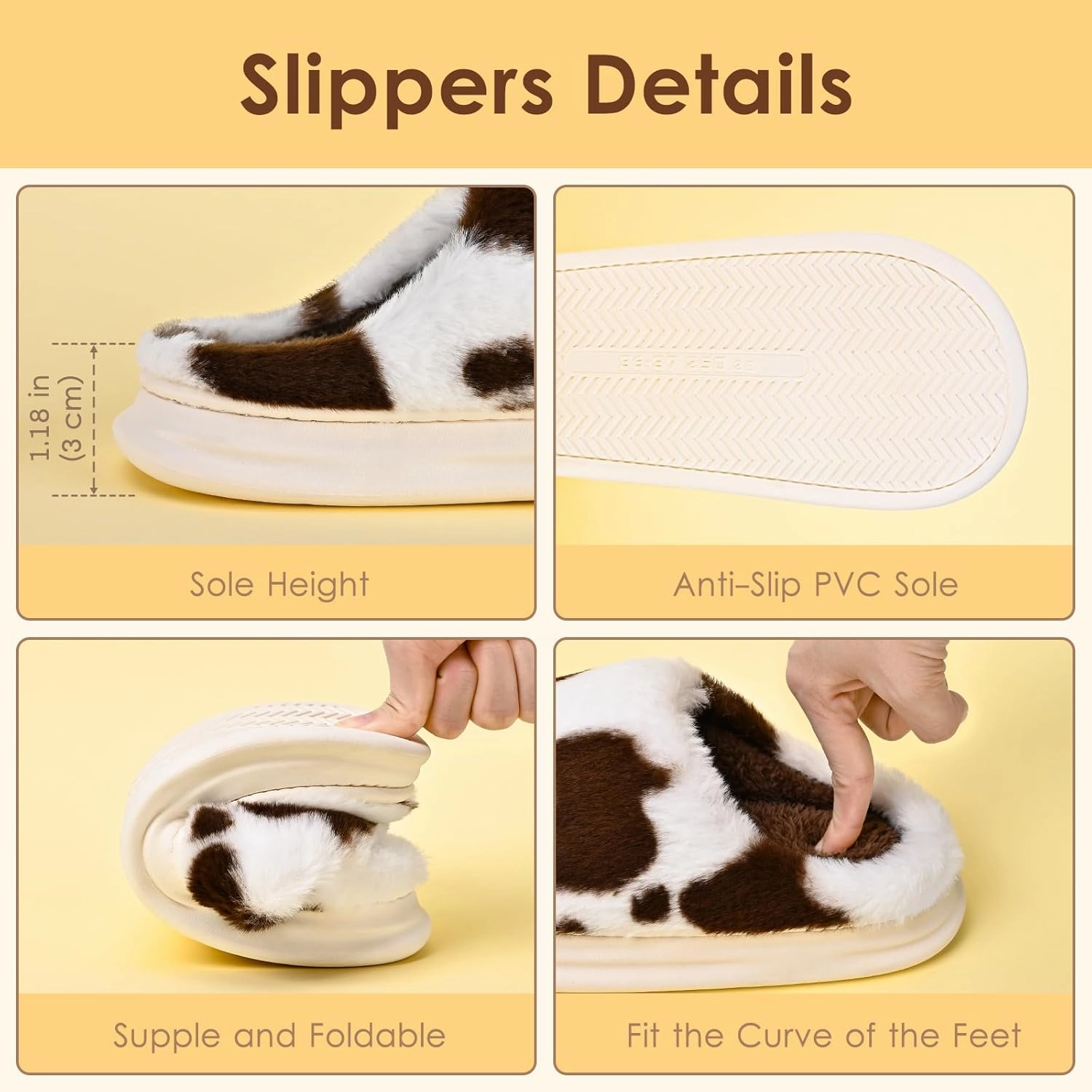 Cow Print Fuzzy Plush Slippers for Women Men, Non-Slip Fluffy Winter House Shoes, Indoor Soft Warm Faux Fur Lining Bedroom Slides