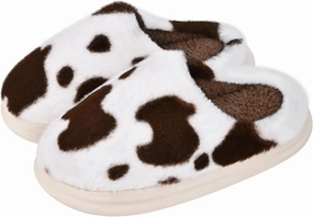 Cow Print Fuzzy Plush Slippers for Women Men, Non-Slip Fluffy Winter House Shoes, Indoor Soft Warm Faux Fur Lining Bedroom Slides