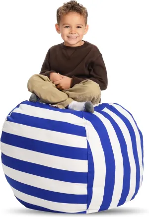 Creative QT Stuff ’n Sit Large 33’’ Bean Bag Storage Cover for Stuffed Animals & Toys, Giant Bean Bag Chair for Plush, Toddler & Kids Bedroom Organizer, Blue/White Stripe Stuffed Animal Storage Cover