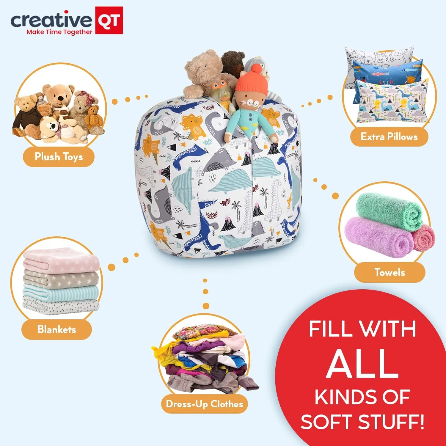 Creative QT Stuff ’n Sit Large 33’’ Bean Bag Storage Cover for Stuffed Animals & Toys, Giant Bean Bag Chair for Plush, Toddler & Kids Bedroom Organizer, Blue/White Stripe Stuffed Animal Storage Cover