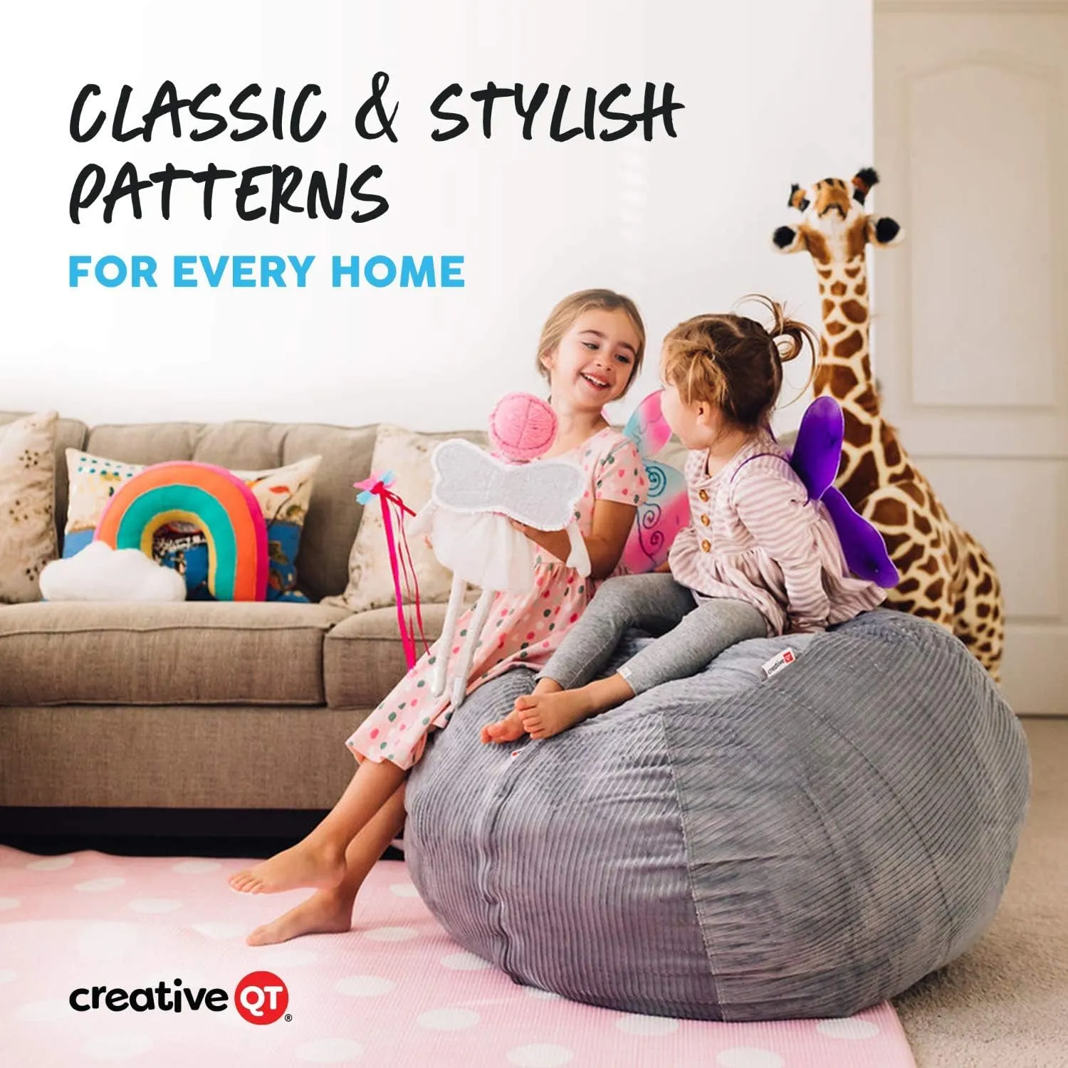 Creative QT Stuff ’n Sit Large 33’’ Bean Bag Storage Cover for Stuffed Animals & Toys, Giant Bean Bag Chair for Plush, Toddler & Kids Bedroom Organizer, Blue/White Stripe Stuffed Animal Storage Cover
