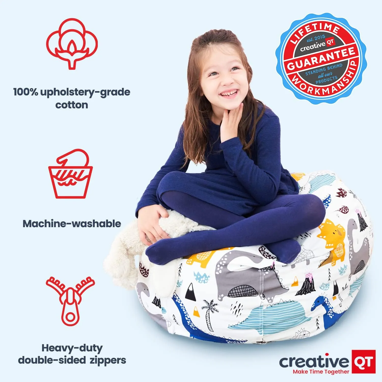 Creative QT Stuff ’n Sit Large 33’’ Bean Bag Storage Cover for Stuffed Animals & Toys, Giant Bean Bag Chair for Plush, Toddler & Kids Bedroom Organizer, Blue/White Stripe Stuffed Animal Storage Cover