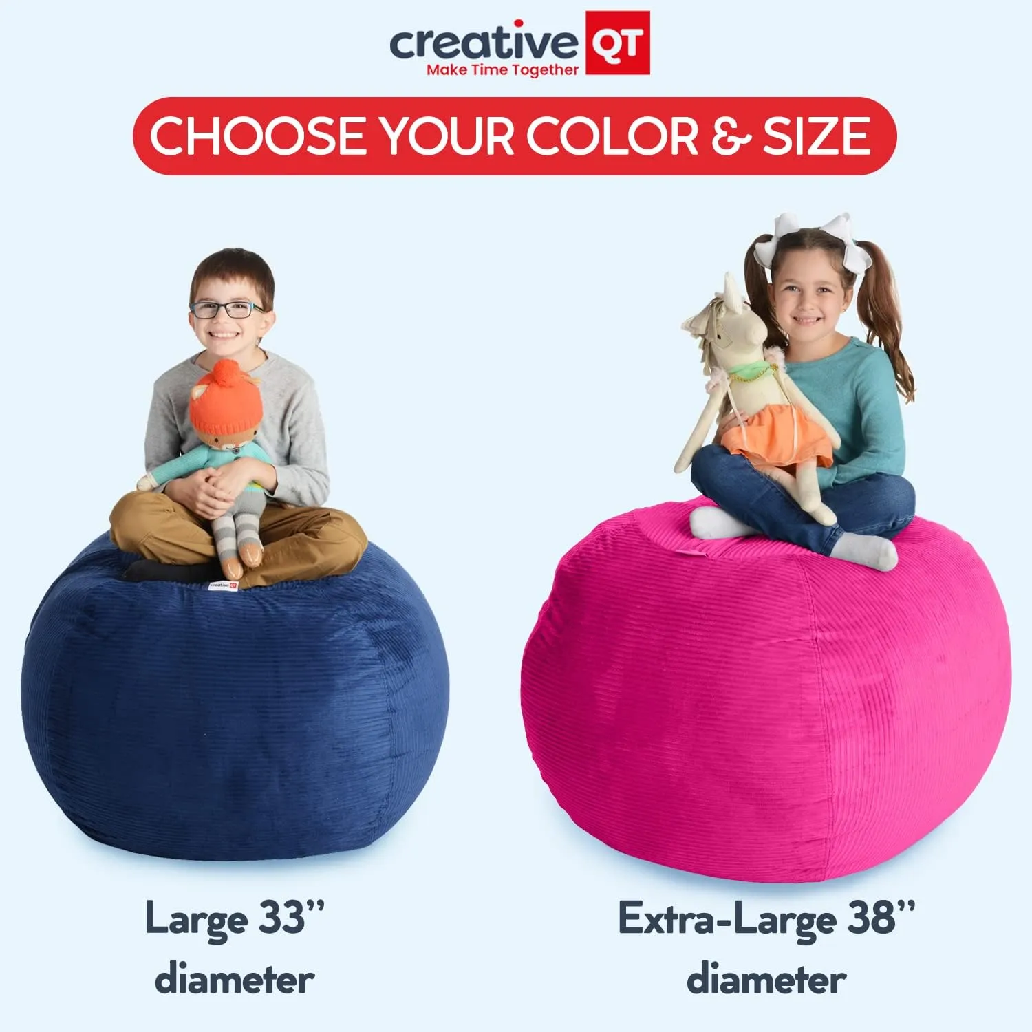 Creative QT Stuff ’n Sit Large 33’’ Bean Bag Storage Cover for Stuffed Animals & Toys, Giant Bean Bag Chair for Plush, Toddler & Kids Bedroom Organizer, Blue/White Stripe Stuffed Animal Storage Cover