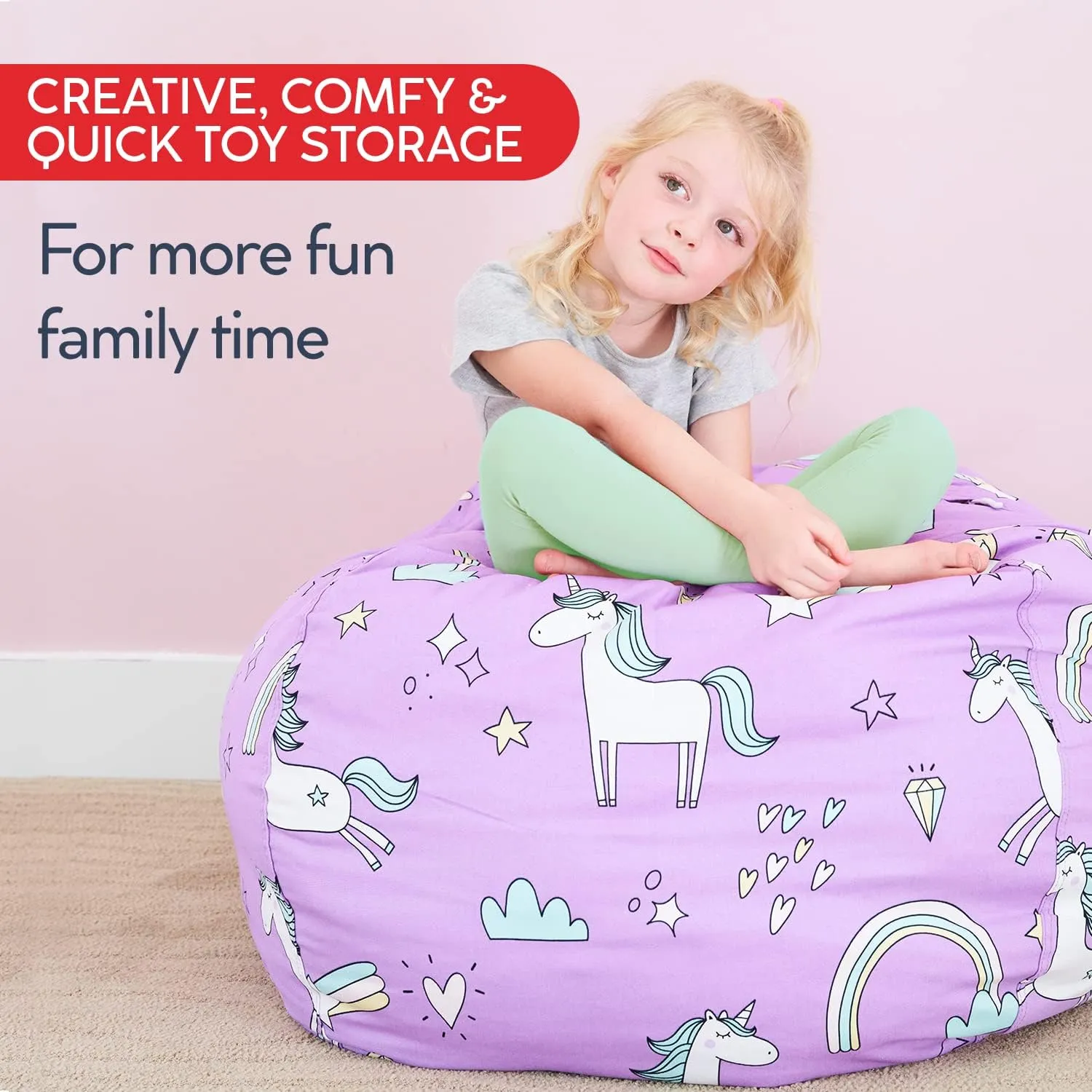 Creative QT Stuff ’n Sit Large 33’’ Bean Bag Storage Cover for Stuffed Animals & Toys, Giant Bean Bag Chair for Plush, Toddler & Kids Bedroom Organizer, Blue/White Stripe Stuffed Animal Storage Cover