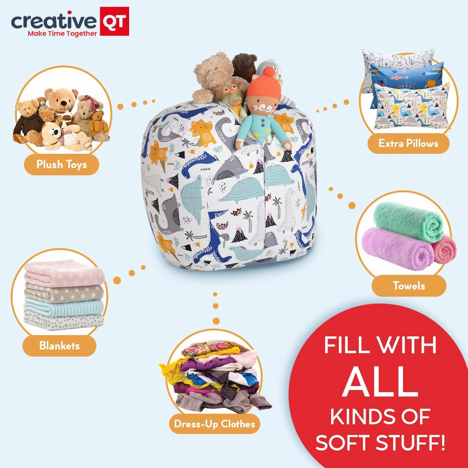 Creative QT Stuff ’n Sit Large 33’’ Bean Bag Storage Cover for Stuffed Animals & Toys, Giant Bean Bag Chair for Plush, Toddler & Kids Bedroom Organizer, Dinosaur - Stuffed Animal Storage Cover