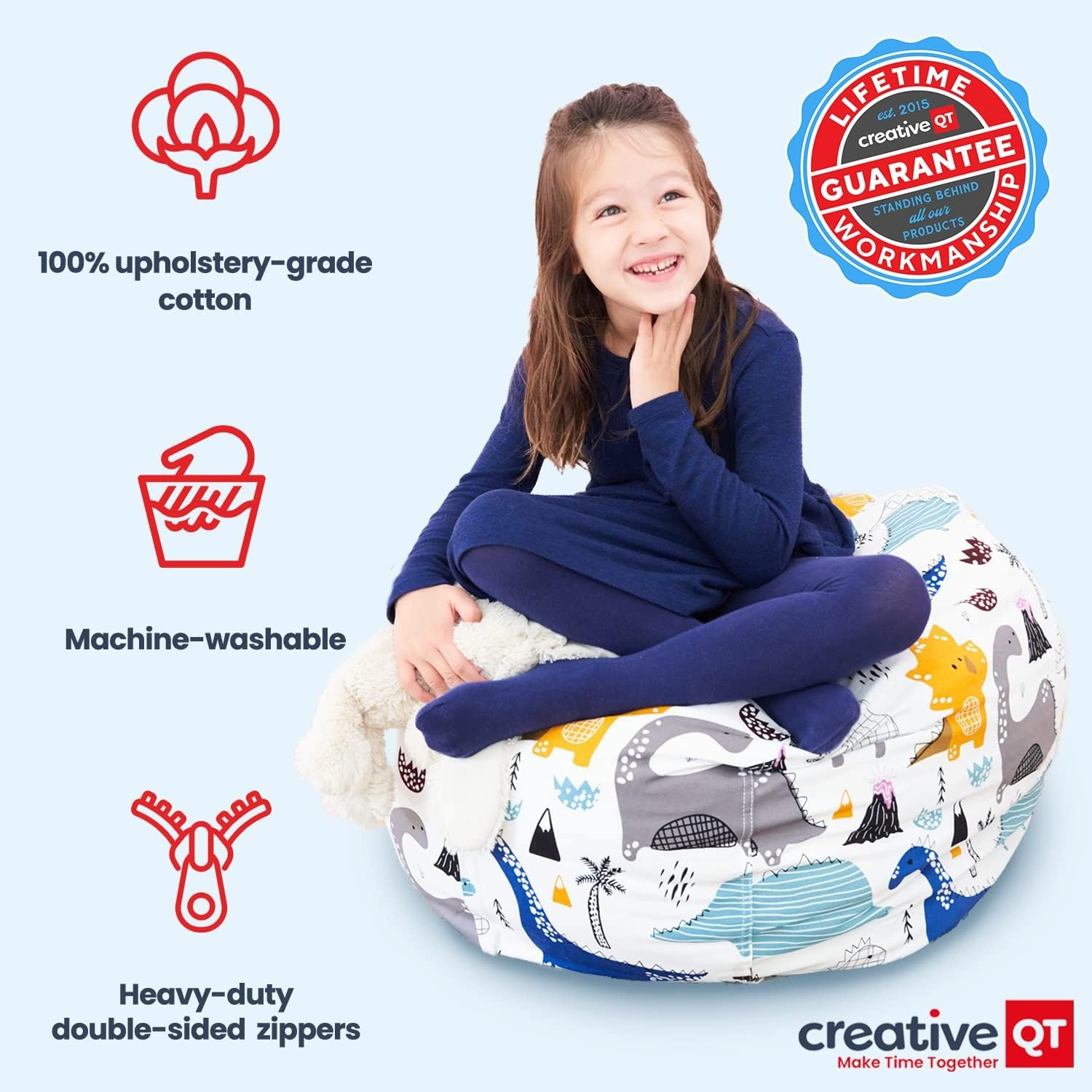 Creative QT Stuff ’n Sit Large 33’’ Bean Bag Storage Cover for Stuffed Animals & Toys, Giant Bean Bag Chair for Plush, Toddler & Kids Bedroom Organizer, Dinosaur - Stuffed Animal Storage Cover