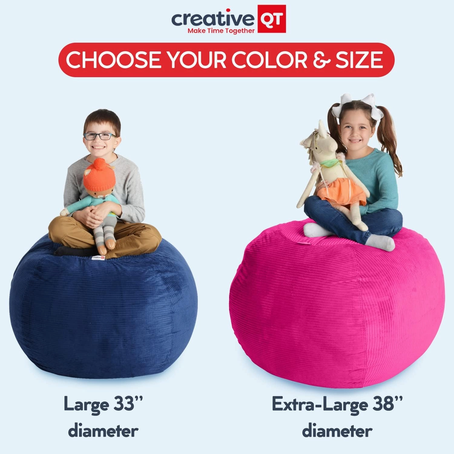 Creative QT Stuff ’n Sit Large 33’’ Bean Bag Storage Cover for Stuffed Animals & Toys, Giant Bean Bag Chair for Plush, Toddler & Kids Bedroom Organizer, Hot Pink Corduroy, Stuffed Animal Storage Cover