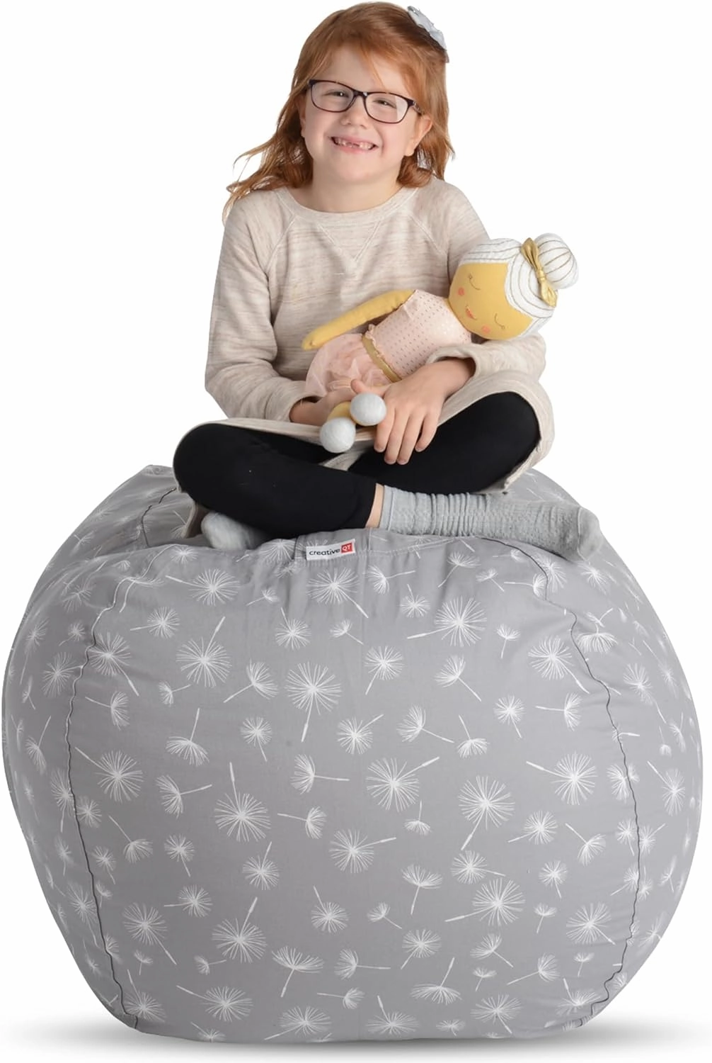 Creative QT Stuff ’n Sit Large 33’’ Kids Bean Bag Storage Cover for Stuffed Animals & Toys, Giant Bean Bag Chair for Plush, Toddler & Kids Room Organizer, Gray Dandelion