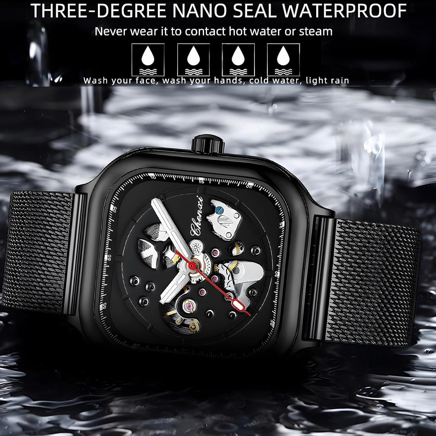 Creative Rectangular Hollow Automatic Mechanical Watch Men's Business Mechanical Watch Holiday Gift Personal Watch