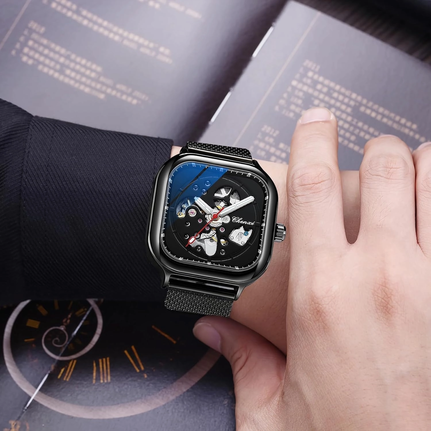 Creative Rectangular Hollow Automatic Mechanical Watch Men's Business Mechanical Watch Holiday Gift Personal Watch