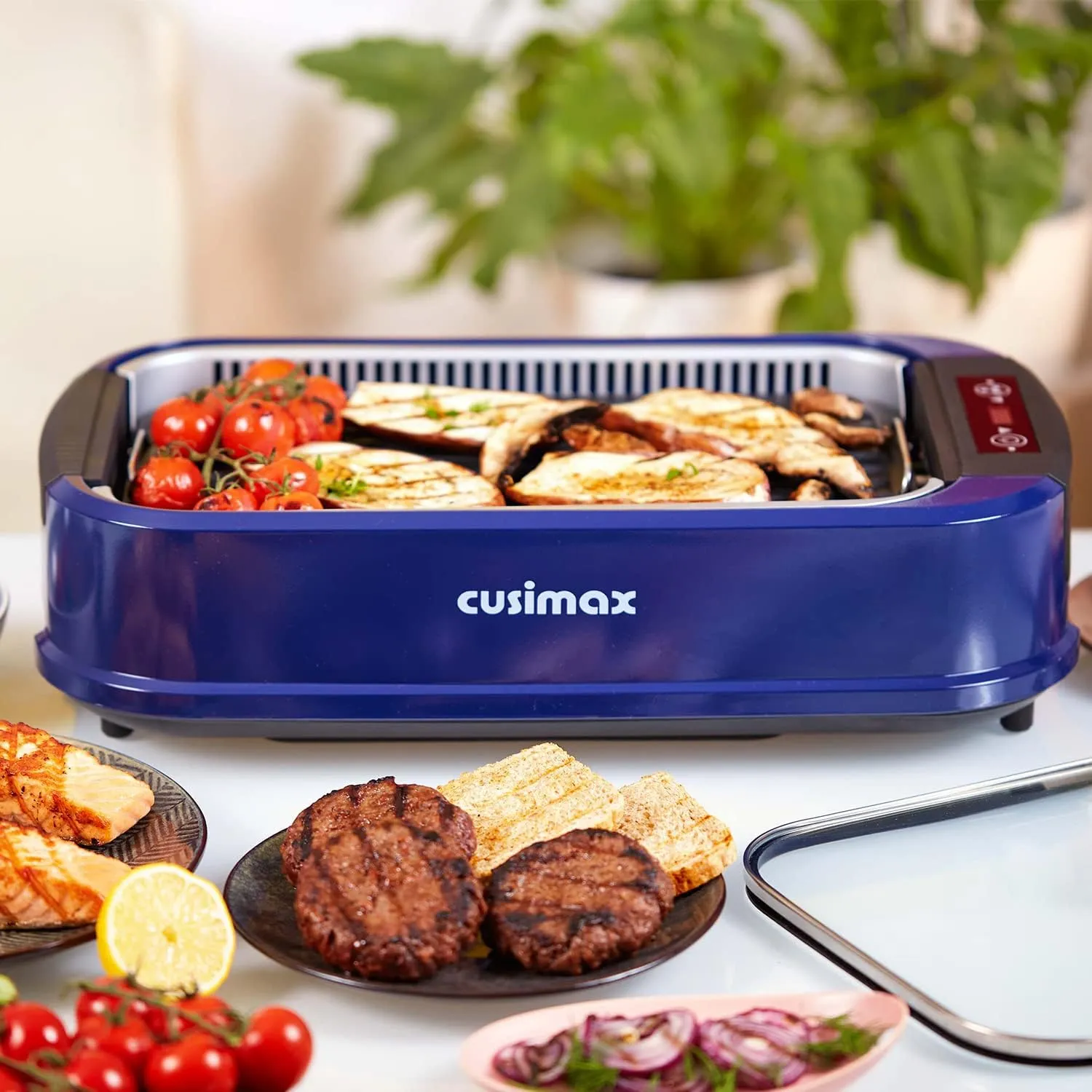 CUSIMAX Smokeless Grill, 1500W Electric Indoor Grill with LED Smart Display & Tempered Glass Lid, Non-stick Removable Plate, Blue